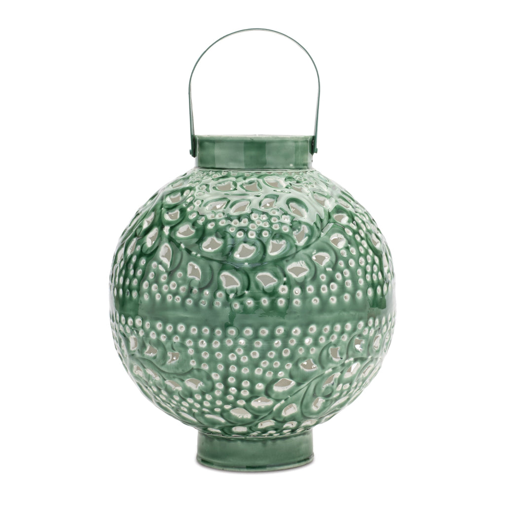 Pierced Metal Candle Lantern 11"H Green