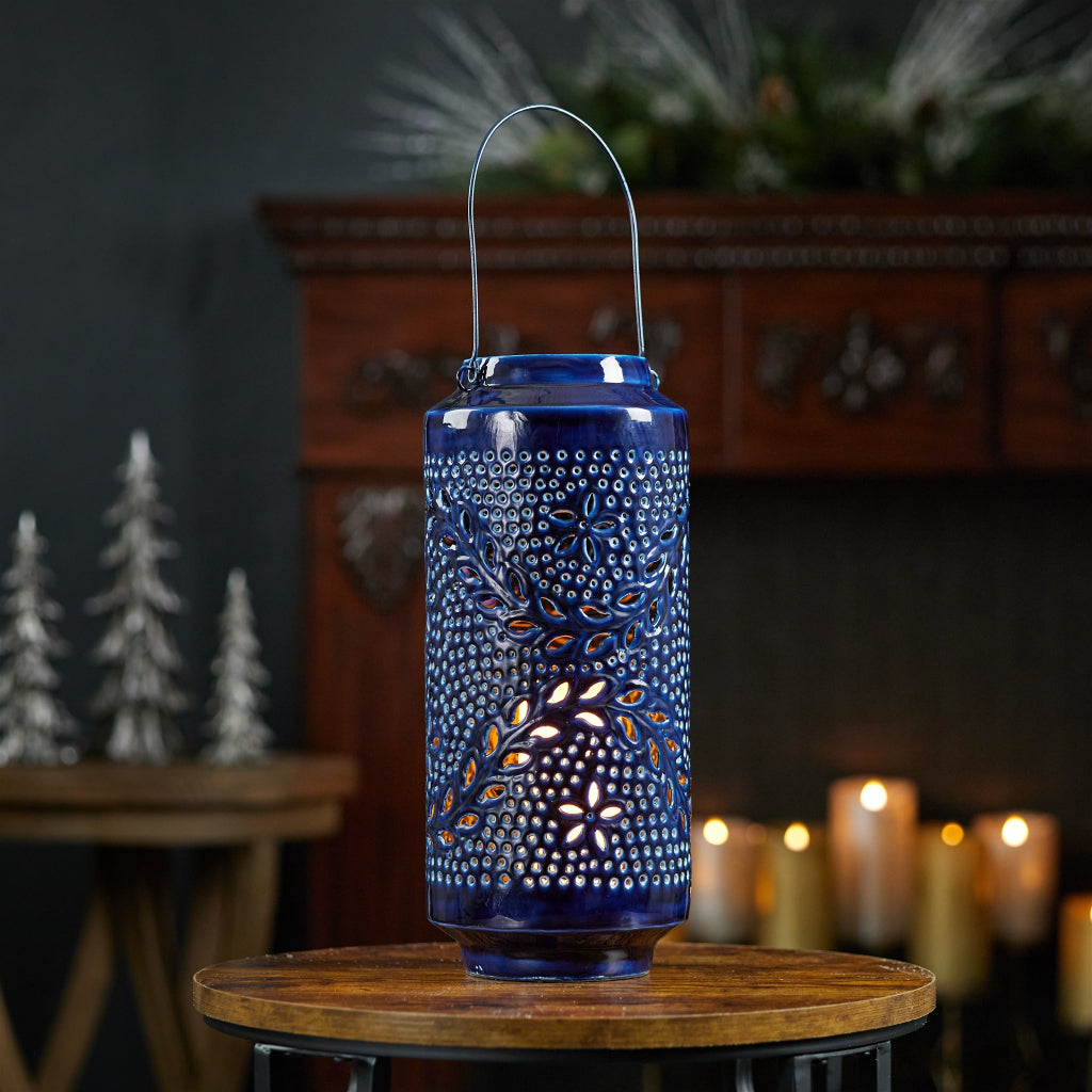 Pierced Metal Candle Lantern 15.5"H Blue