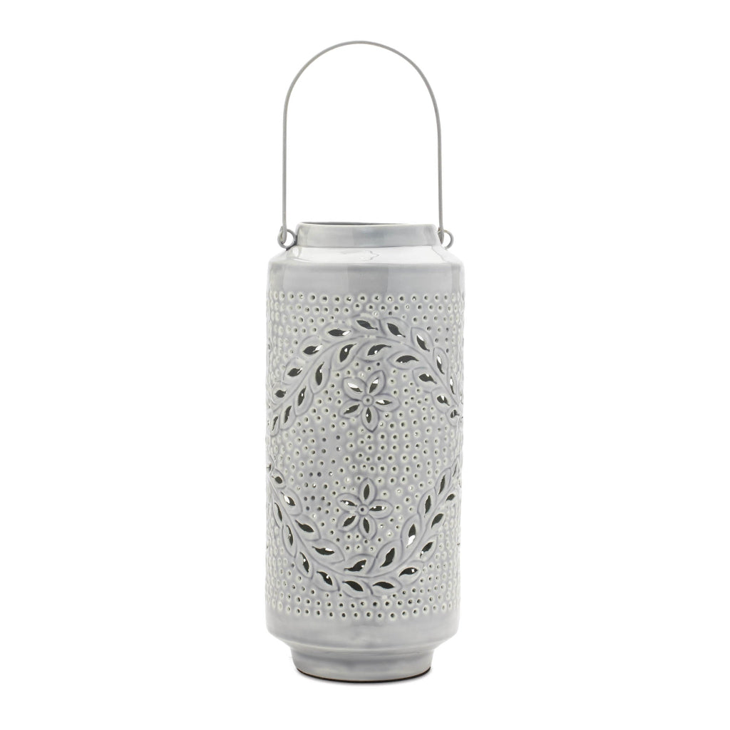 Pierced Metal Candle Lantern 15.5"H Gray