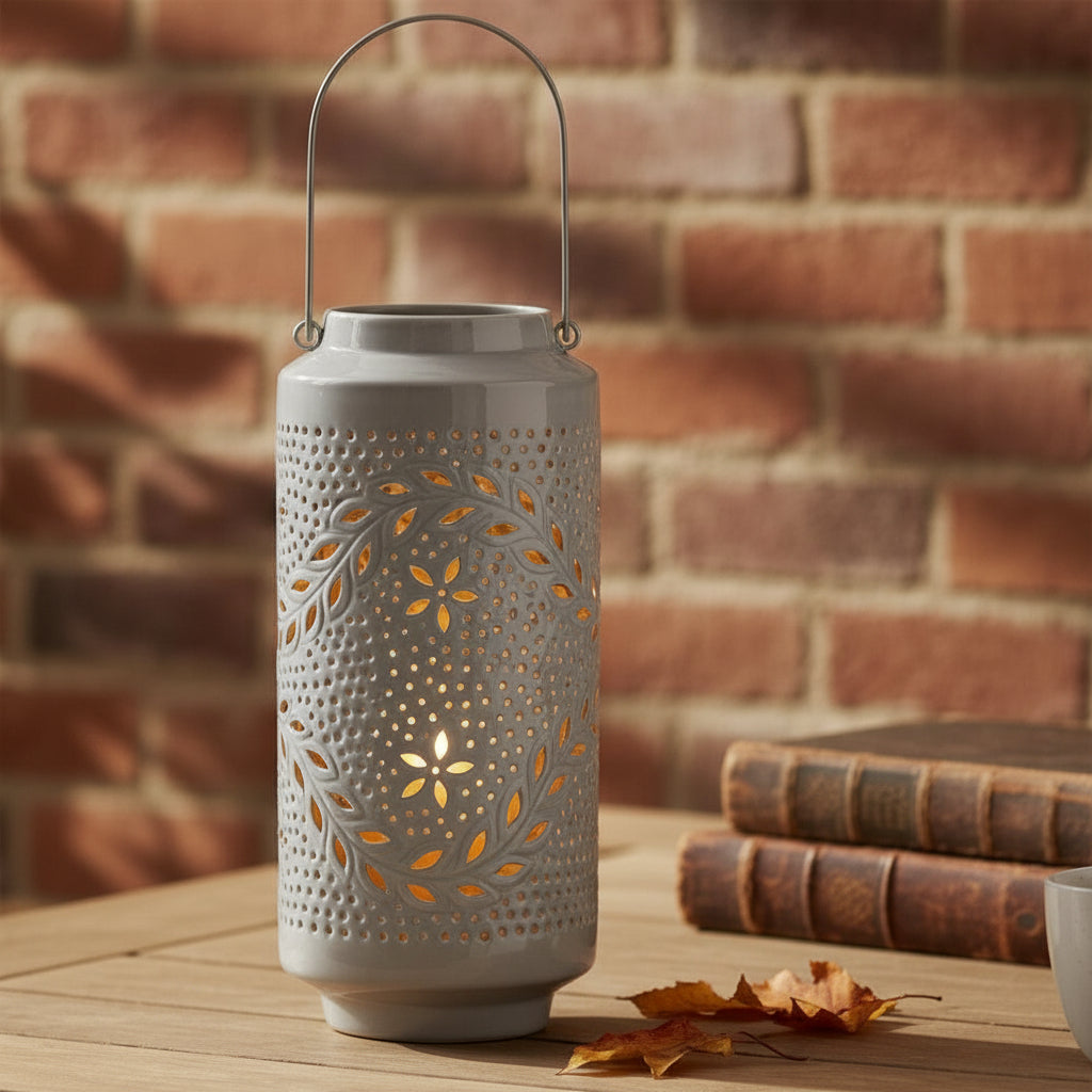 Pierced Metal Candle Lantern 15.5"H Gray