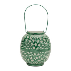 Pierced Metal Candle Lantern 8"H Green