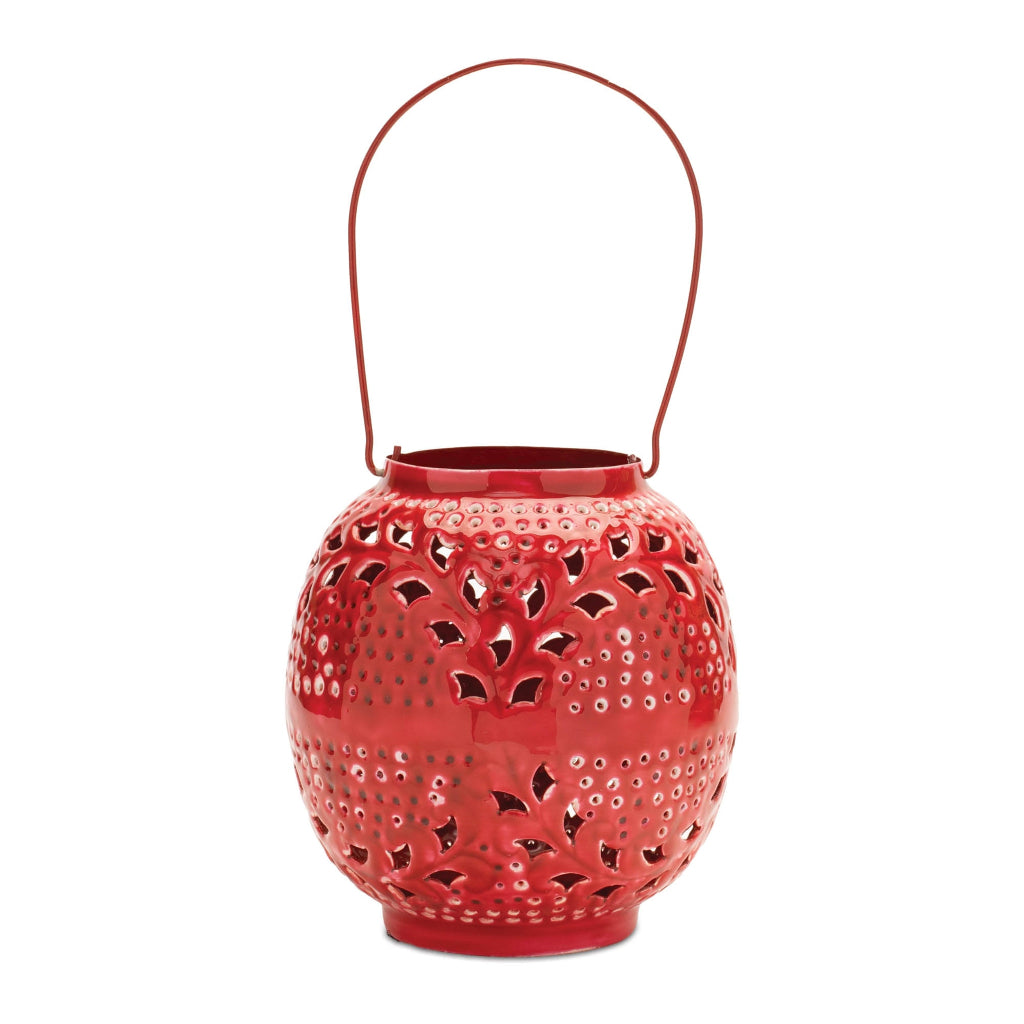 Pierced Metal Candle Lantern 8"H Red