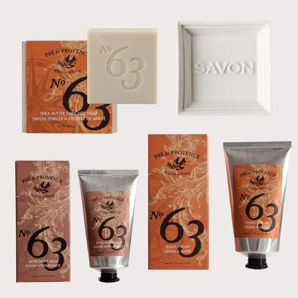 Pre De Provence No.63 Shave Cream, Balm, Cube Soap, & Dish Gift Box