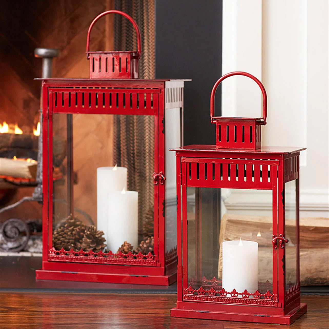 Rustic Metal Lantern Set of 2 Red