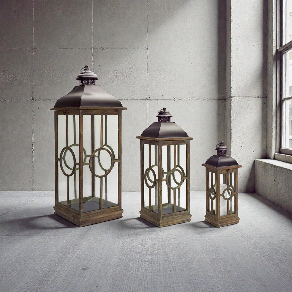 Rustic Metal & Wood Lantern Set of 3