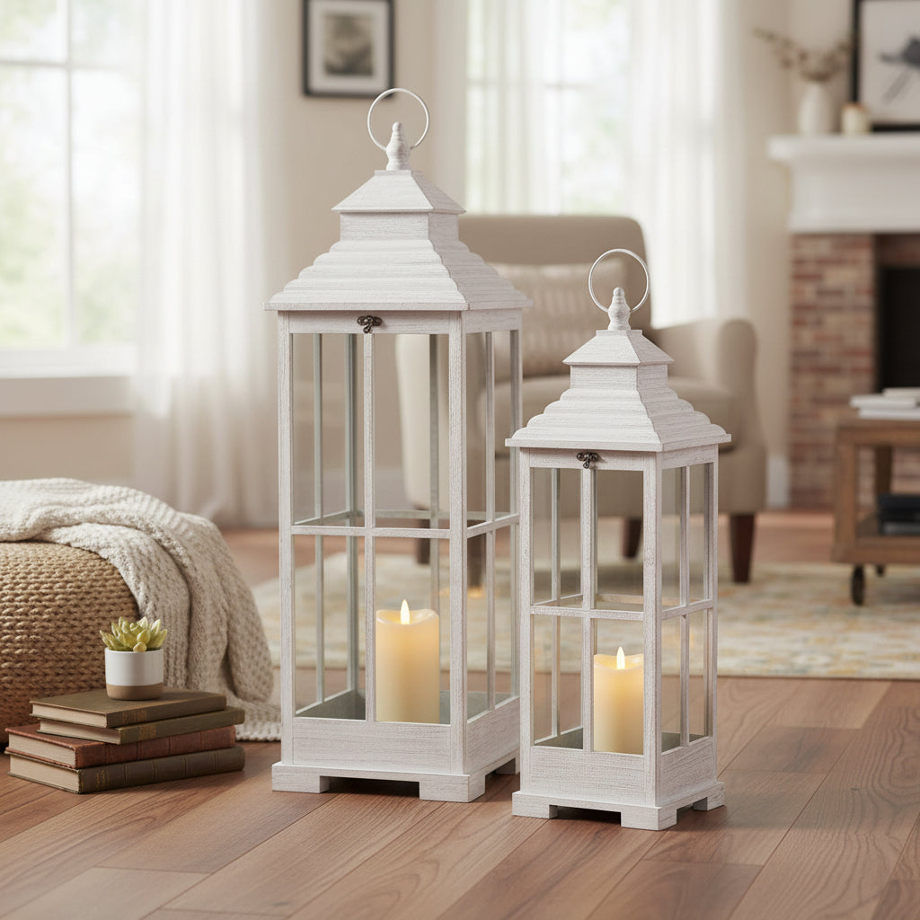 Rustic Wood Floor Lanterns (Set of 2)