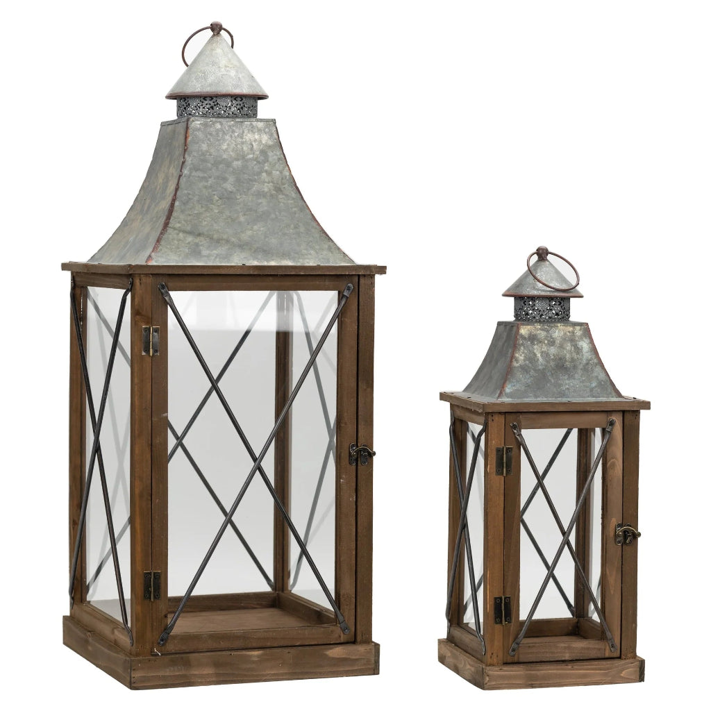Rustic Wood Lantern With Metal Lid Set of 2