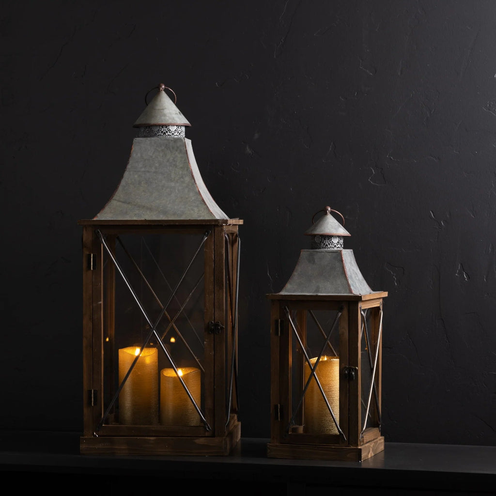 Rustic Wood Lantern With Metal Lid Set of 2
