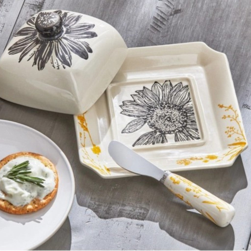 Stoneware Butter Dish with Spreader | Sunflower