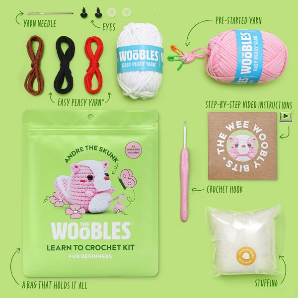 The Woobles Beginner Crochet Kit | Andre the Skunk