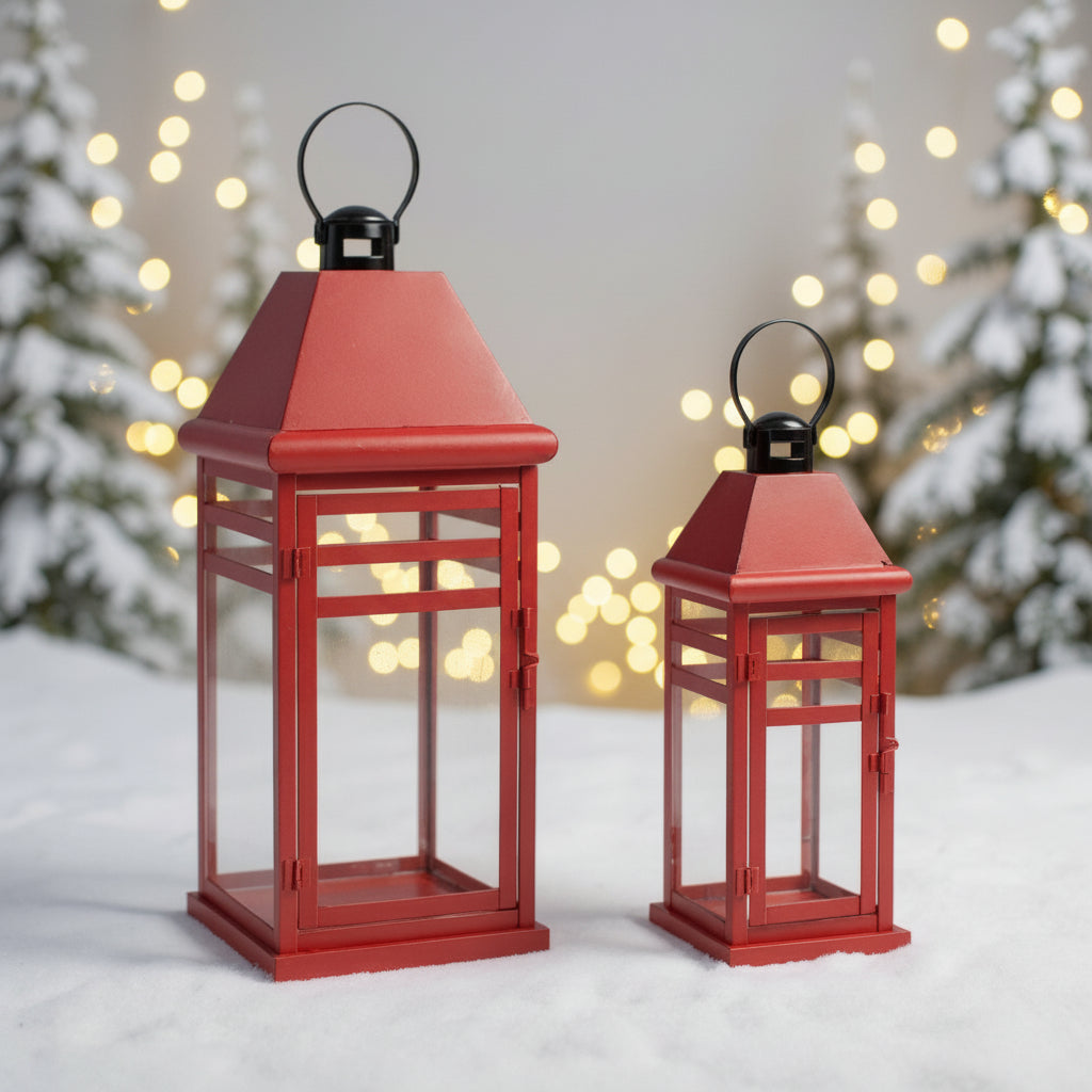 Traditional Red Metal Lantern Set of 2