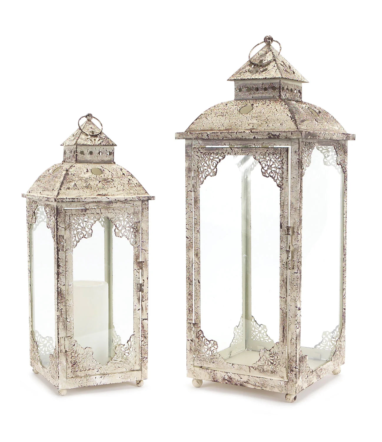 Weathered Ornate Metal Lantern Set of 2 Beige/Brown