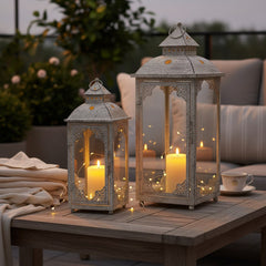 Weathered Ornate Metal Lantern Set of 2 Beige/Brown