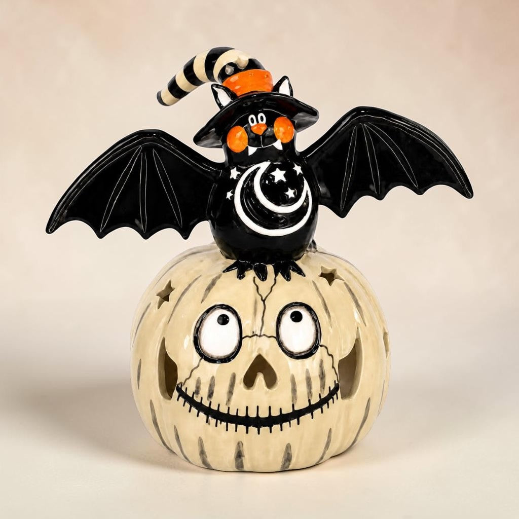 Halloween "Bat on Pumpkin" Ceramic Tealight Holder